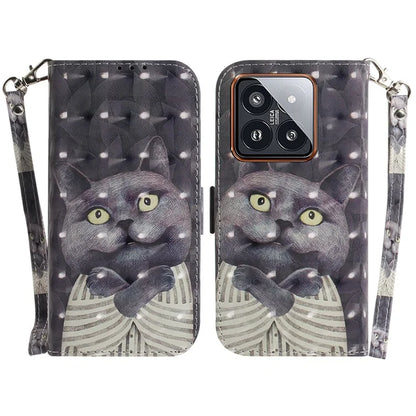 For Xiaomi 14 Pro Phone Case with Strap 3D Pattern Leather Cover