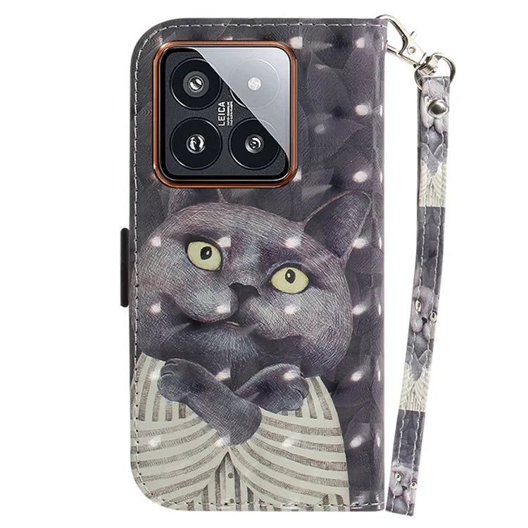 For Xiaomi 14 Pro Phone Case with Strap 3D Pattern Leather Cover