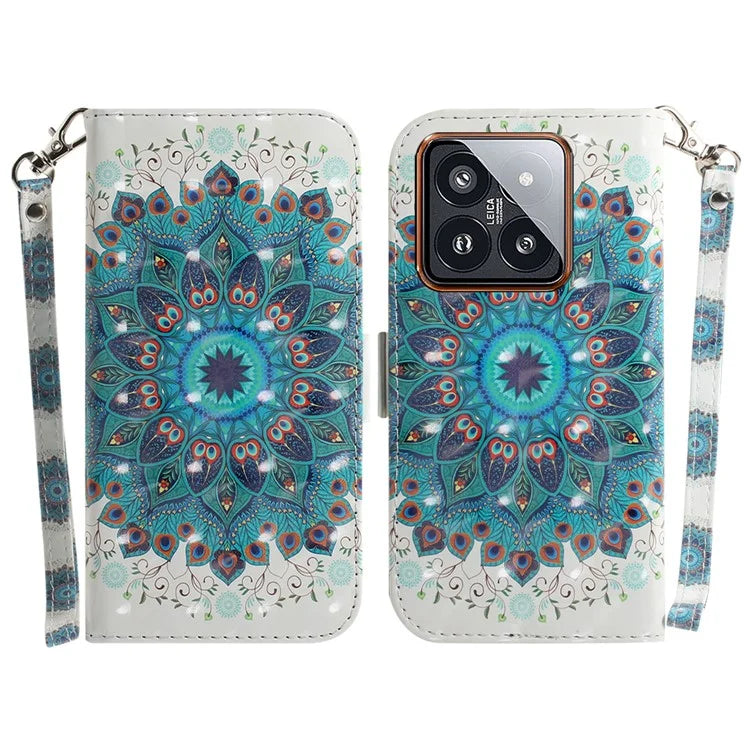 For Xiaomi 14 Pro Phone Case with Strap 3D Pattern Leather Cover