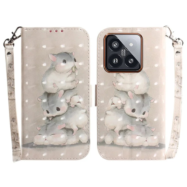 For Xiaomi 14 Pro Phone Case with Strap 3D Pattern Leather Cover