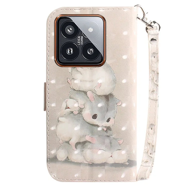 For Xiaomi 14 Pro Phone Case with Strap 3D Pattern Leather Cover