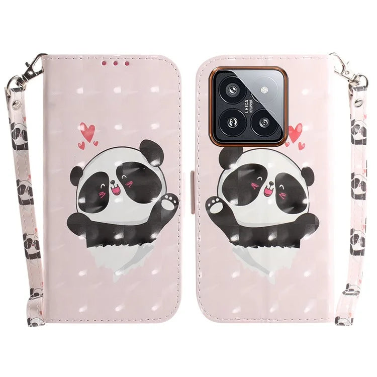 For Xiaomi 14 Pro Phone Case with Strap 3D Pattern Leather Cover