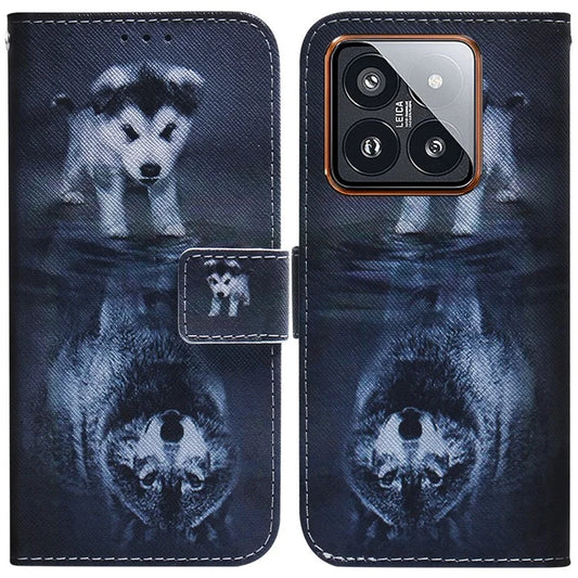 For Xiaomi 14 Pro Phone Case PU Leather Wallet Cover Pattern Printing and Wolf