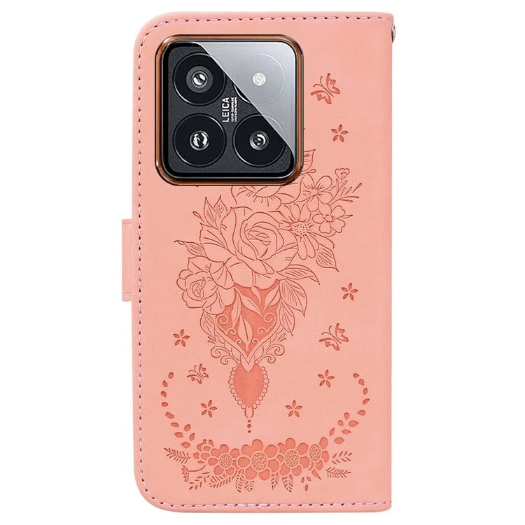For Xiaomi 14 Pro Cell Phone Case Rose Butterfly Imprinted Scratch-proof Cover