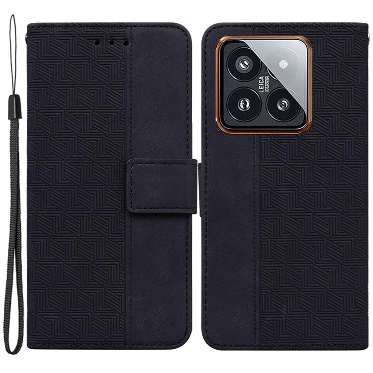 For Xiaomi 14 Pro Wallet Case Geometry Pattern Shockproof Cell Phone Cover