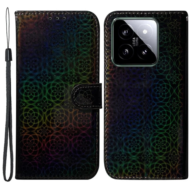 For Xiaomi 14 Leather Case Dazzling Flower Pattern Phone Cover with Hand Strap