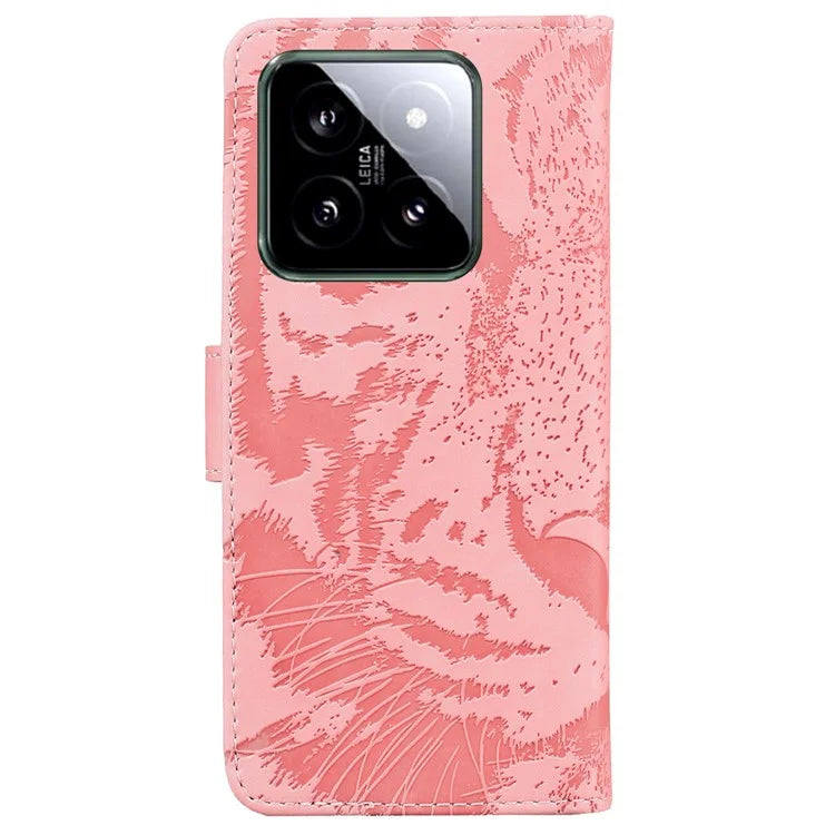 For Xiaomi 14 Magnetic Phone Case Imprinted Tiger Pattern Wallet Cover