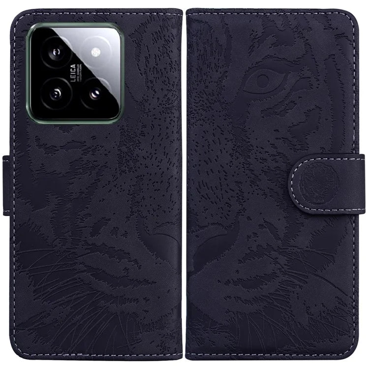 For Xiaomi 14 Magnetic Phone Case Imprinted Tiger Pattern Wallet Cover
