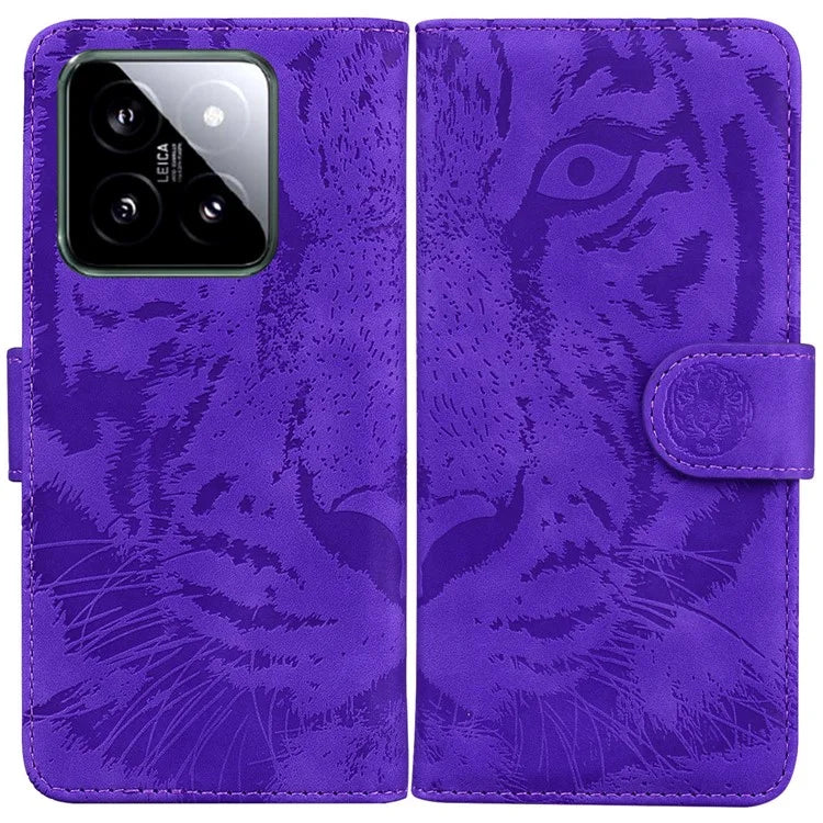 For Xiaomi 14 Magnetic Phone Case Imprinted Tiger Pattern Wallet Cover