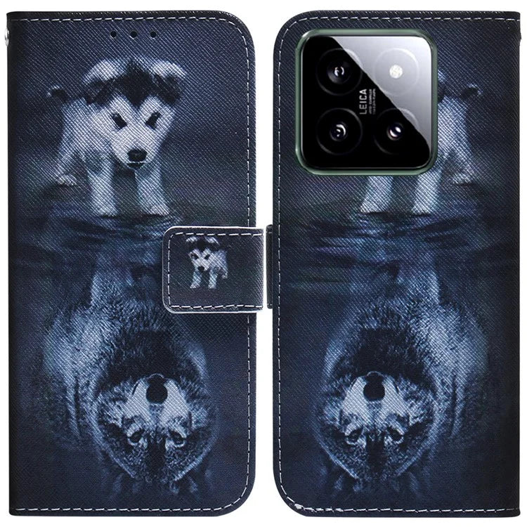 For Xiaomi 14 Leather Case Pattern Printing Phone Wallet Cover and Wolf
