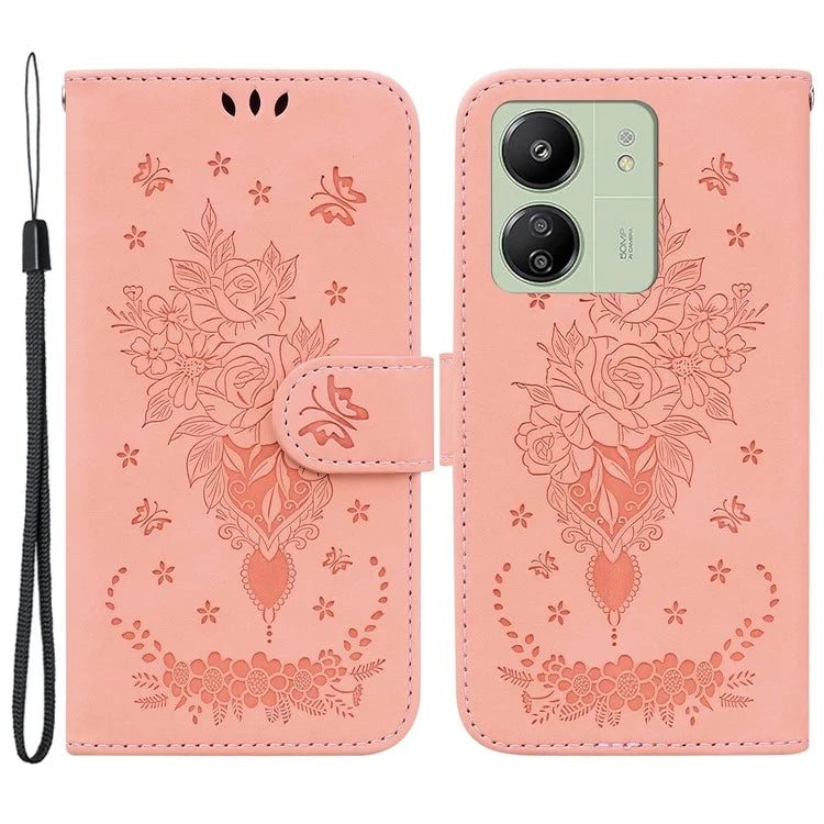 For Xiaomi Redmi 13C 4G /  Redmi 13C 5G /  Poco C65 4G Case Rose Butterfly Imprinted Protective Cover with Card Slots