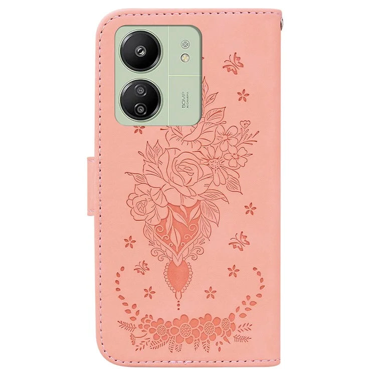 For Xiaomi Redmi 13C 4G /  Redmi 13C 5G /  Poco C65 4G Case Rose Butterfly Imprinted Protective Cover with Card Slots