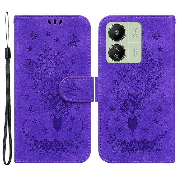 For Xiaomi Redmi 13C 4G /  Redmi 13C 5G /  Poco C65 4G Case Rose Butterfly Imprinted Protective Cover with Card Slots