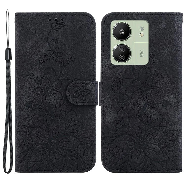For Xiaomi Redmi 13C 4G / 5G / Poco C65 4G Case Imprinted Flower Leather Cover with Wallet