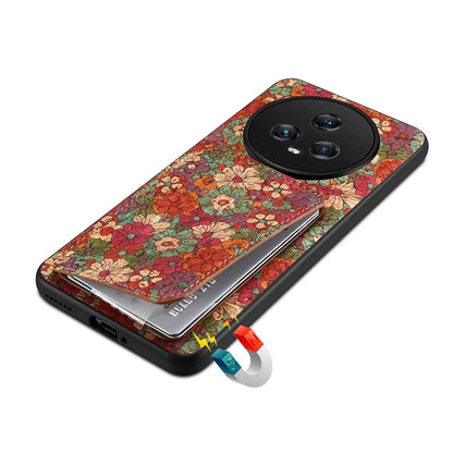For Honor Magic5 Phone Case Flower Pattern Card Holder Leather Back Cover
