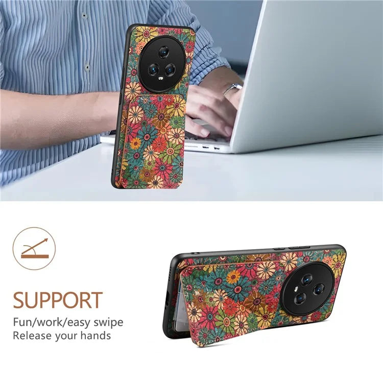For Honor Magic5 Phone Case Flower Pattern Card Holder Leather Back Cover