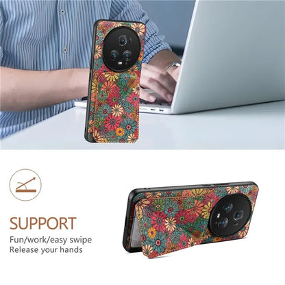 For Honor Magic5 Pro Case Leather Coated PC+TPU Cover with Card Holder Kickstand