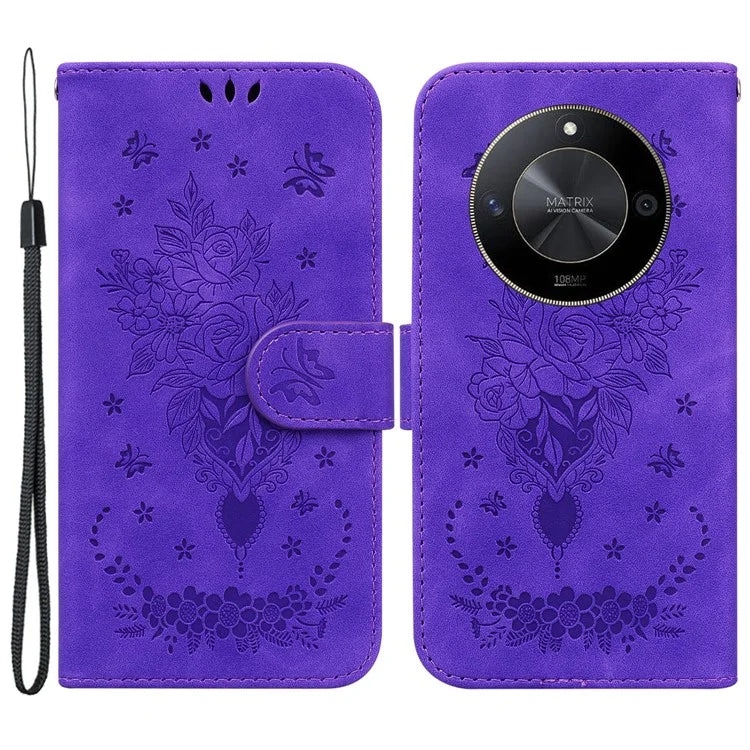For Honor X9b 5G / Magic6 Lite 5G / X50 5G Case Leather Stand Phone Protector Rose Butterfly Imprinted