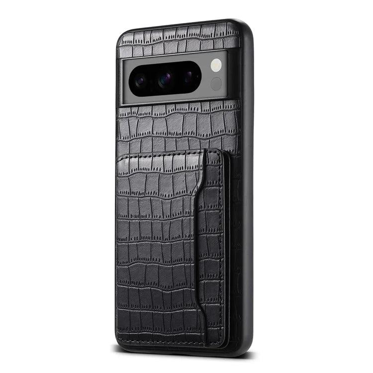 For Google Pixel 8 Pro Kickstand Case Card Holder Phone Cover Crocodile Texture