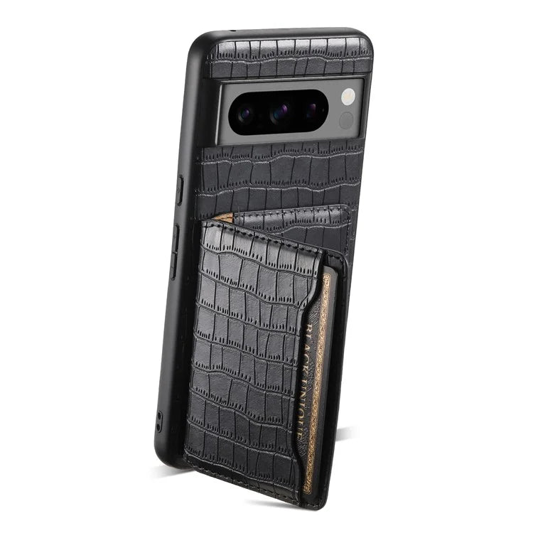 For Google Pixel 8 Pro Kickstand Case Card Holder Phone Cover Crocodile Texture