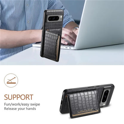 For Google Pixel 8 Pro Kickstand Case Card Holder Phone Cover Crocodile Texture