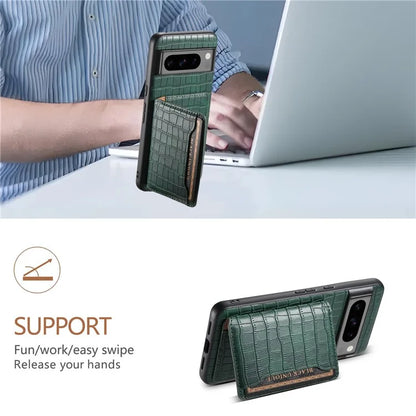 For Google Pixel 8 Pro Kickstand Case Card Holder Phone Cover Crocodile Texture
