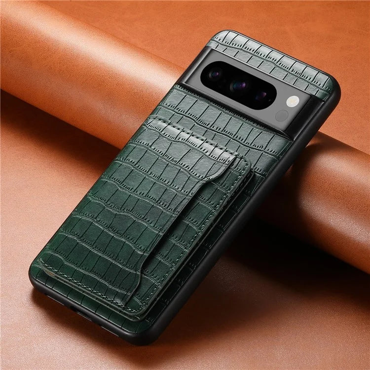 For Google Pixel 8 Pro Kickstand Case Card Holder Phone Cover Crocodile Texture