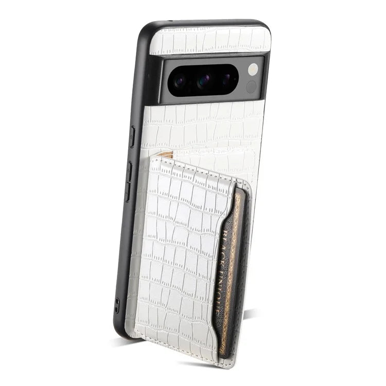 For Google Pixel 8 Pro Kickstand Case Card Holder Phone Cover Crocodile Texture