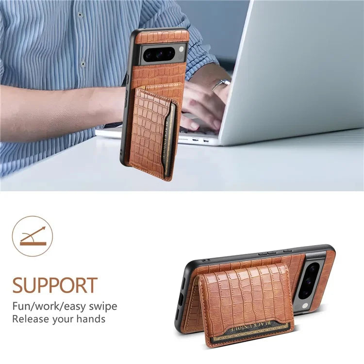 For Google Pixel 8 Pro Kickstand Case Card Holder Phone Cover Crocodile Texture