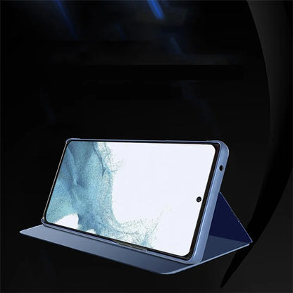 For Samsung Galaxy A25 5G (Global) (161.0 x 76.5 x 8.3mm) Case View Window Shockproof Phone Stand Cover  /  Blue