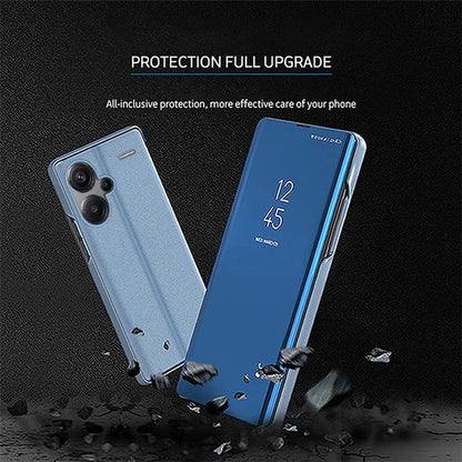 For Xiaomi Redmi Note 13 Pro+ 5G Case View Window PU Leather+PC Electroplating Phone Cover  /  Blue