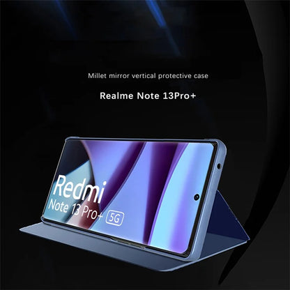 For Xiaomi Redmi Note 13 Pro+ 5G Case View Window PU Leather+PC Electroplating Phone Cover  /  Blue