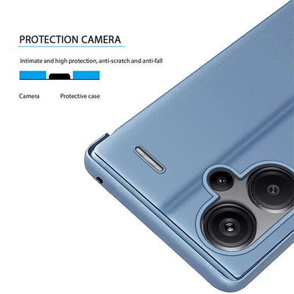 For Xiaomi Redmi Note 13 Pro+ 5G Case View Window PU Leather+PC Electroplating Phone Cover  /  Blue