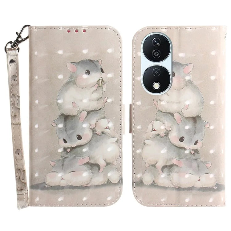 For Honor X7b 4G / Play 50 Plus 5G Cover 3D Pattern Printing Leather Stand Phone Case with Strap