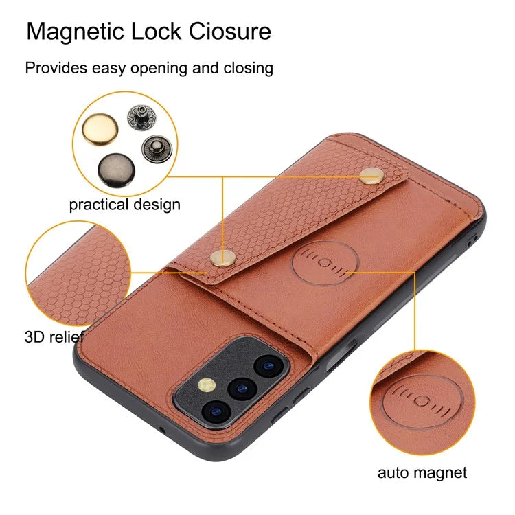 For Samsung Galaxy A55 5G Cover Card Slots Magnetic Buttons PU Leather+TPU Phone Kickstand Case