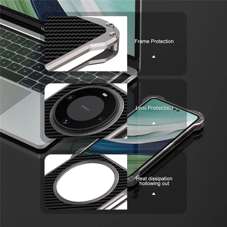 R-JUST RJ-51 For Huawei Mate 60 Cell Phone Case Carbon Fiber Texture PC + Aluminum Alloy Anti-drop Cover