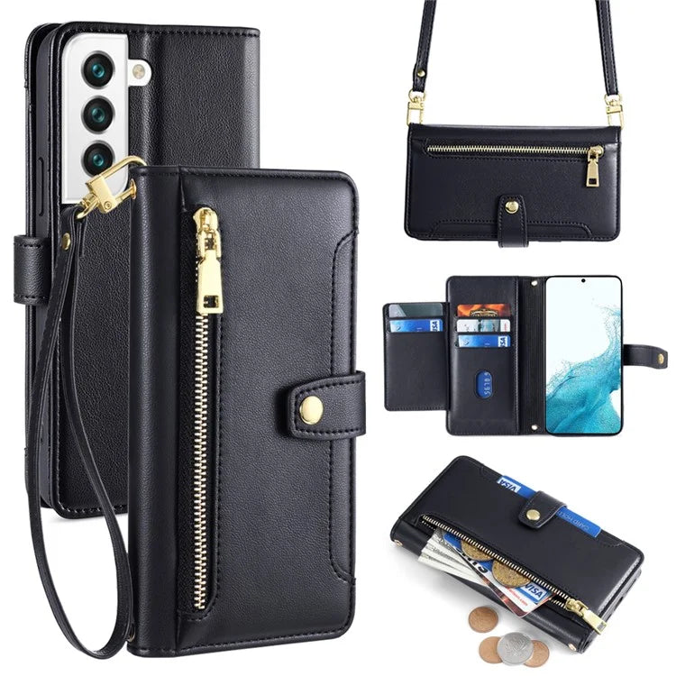 For Samsung Galaxy S22 5G Case Zipper Pocket Leather Phone Drop Protection Cover with 2 Straps