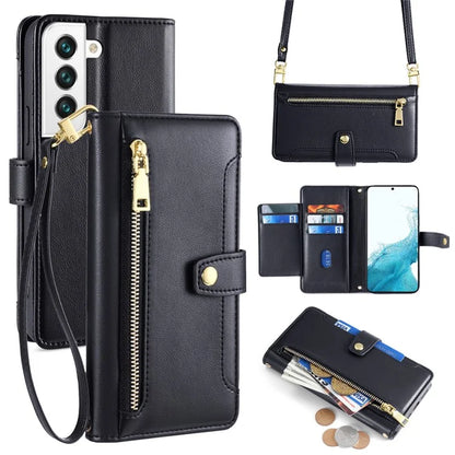 For Samsung Galaxy S22 5G Case Zipper Pocket Leather Phone Drop Protection Cover with 2 Straps