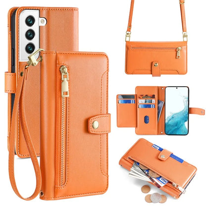 For Samsung Galaxy S22 5G Case Zipper Pocket Leather Phone Drop Protection Cover with 2 Straps
