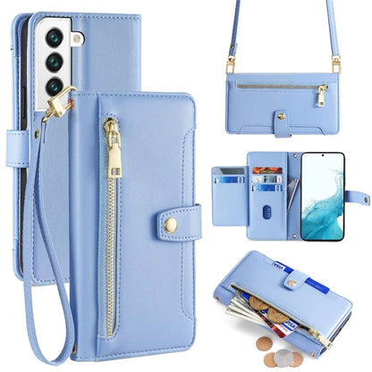 For Samsung Galaxy S22 5G Case Zipper Pocket Leather Phone Drop Protection Cover with 2 Straps