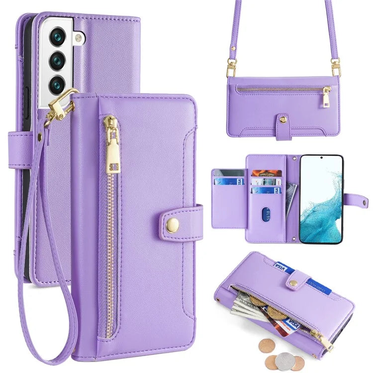 For Samsung Galaxy S22 5G Case Zipper Pocket Leather Phone Drop Protection Cover with 2 Straps