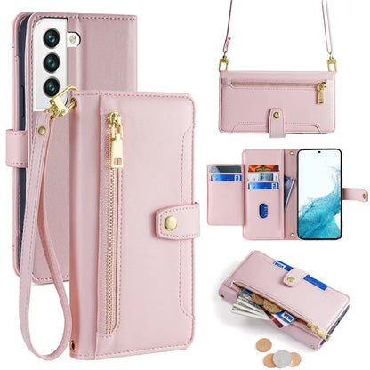 For Samsung Galaxy S22 5G Case Zipper Pocket Leather Phone Drop Protection Cover with 2 Straps