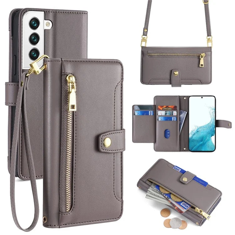 For Samsung Galaxy S22 5G Case Zipper Pocket Leather Phone Drop Protection Cover with 2 Straps