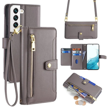 For Samsung Galaxy S22 5G Case Zipper Pocket Leather Phone Drop Protection Cover with 2 Straps