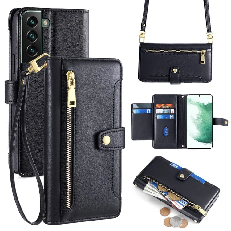 For Samsung Galaxy S22+ 5G Cell Phone Case Zipper Pocket Anti-fall Leather Wallet Cover