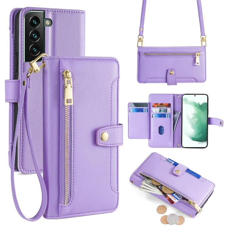 For Samsung Galaxy S22+ 5G Cell Phone Case Zipper Pocket Anti-fall Leather Wallet Cover