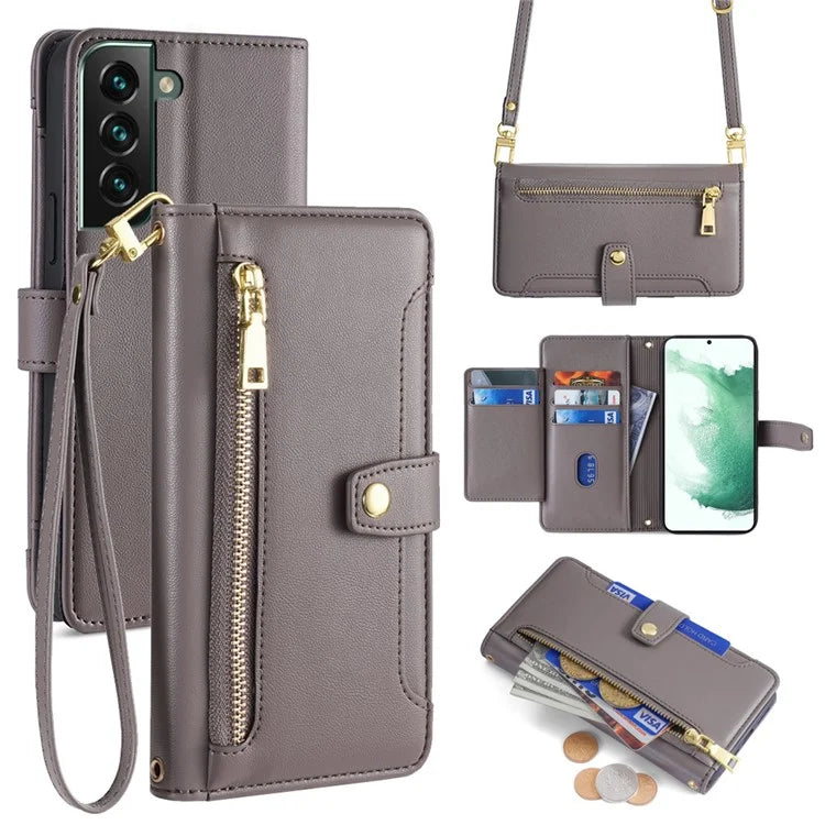 For Samsung Galaxy S22+ 5G Cell Phone Case Zipper Pocket Anti-fall Leather Wallet Cover