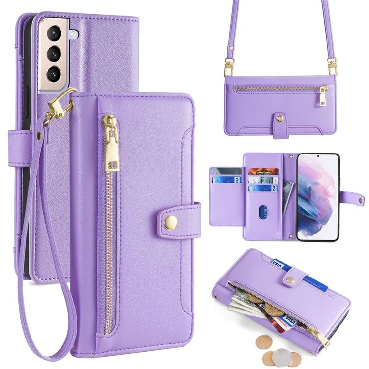 For Samsung Galaxy S21+ 5G Cell Phone Case Textured Wallet Stand Leather Phone Cover with 2 Straps