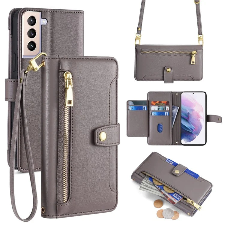 For Samsung Galaxy S21+ 5G Cell Phone Case Textured Wallet Stand Leather Phone Cover with 2 Straps