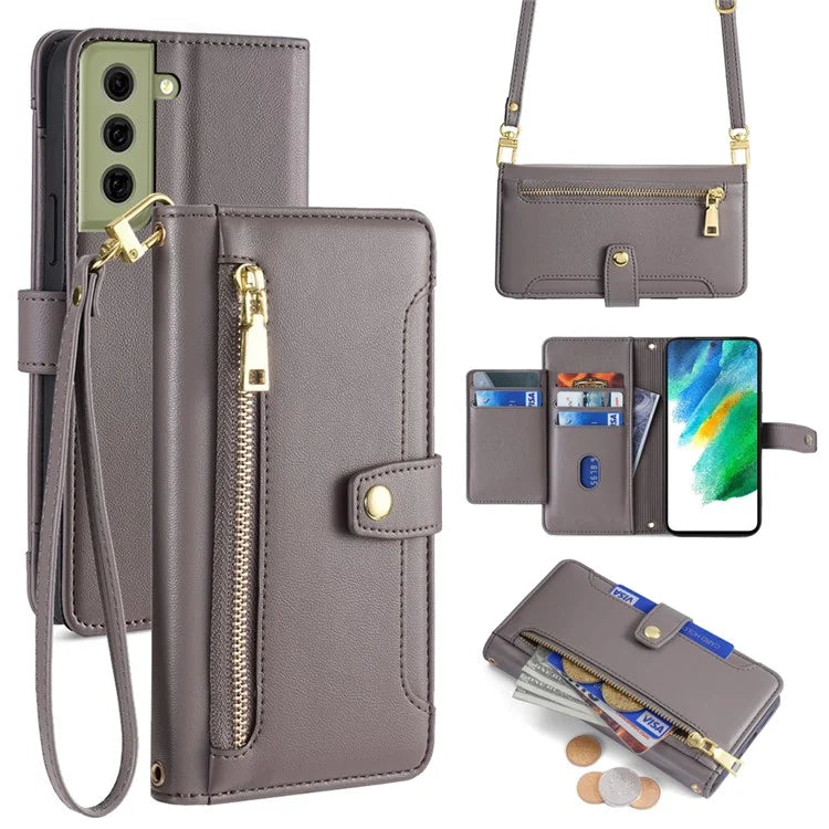 For Samsung Galaxy S21 FE 5G Cell Phone Case Anti-fall Leather Wallet Phone Cover with 2 Straps